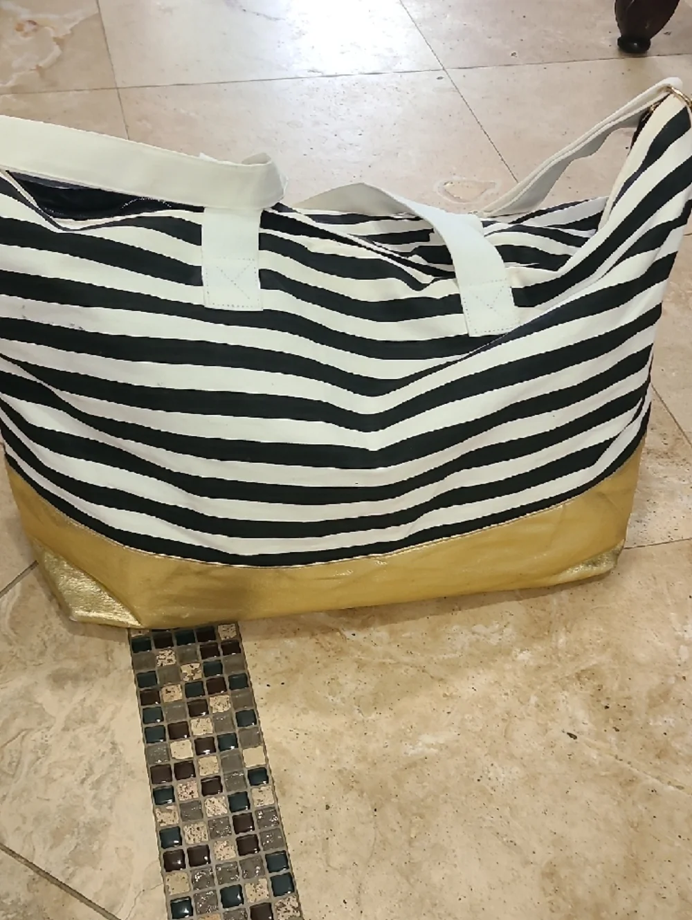 Victoria's Secret Black & White Striped Tote with Gold Bottom